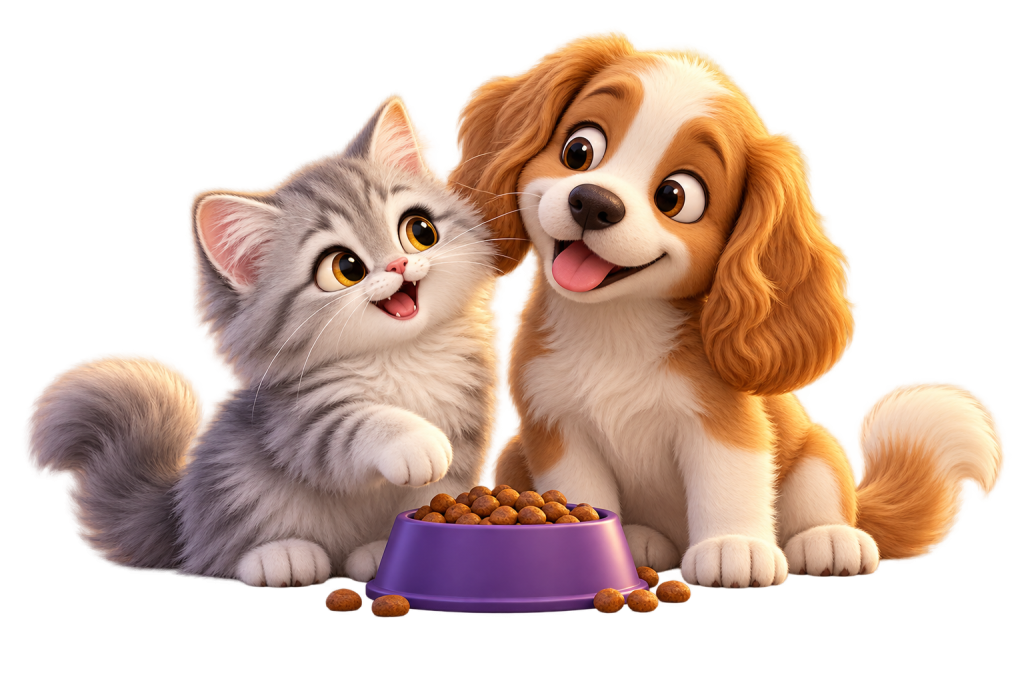 3D illustration of a playful puppy and kitten beside a purple food bowl